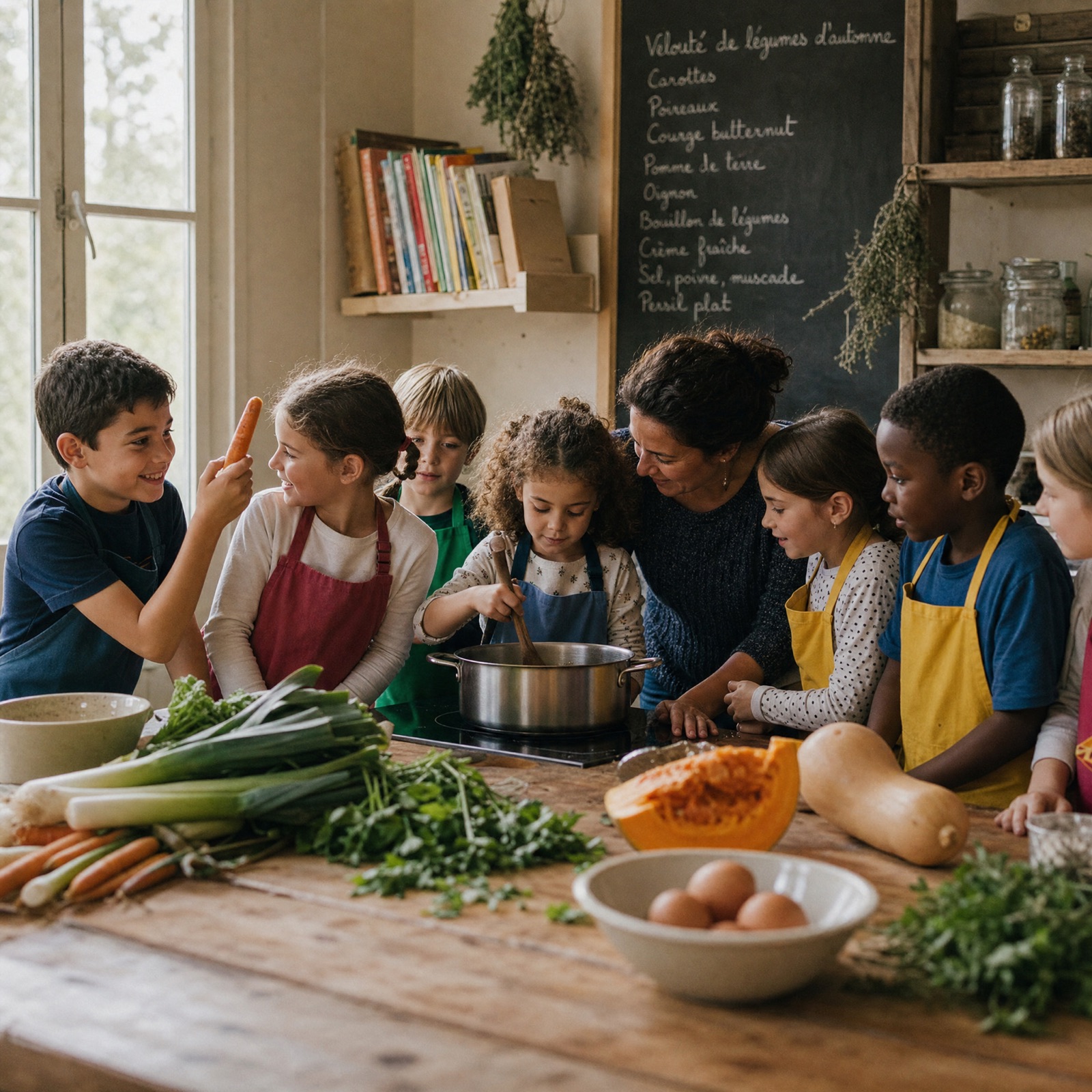 Enfants cuisinant ensemble dans une cuisine communautaire à Montpellier